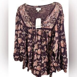 Wonderly Women’s Large Dark Purple and Pink Floral Blouse with lace details boho